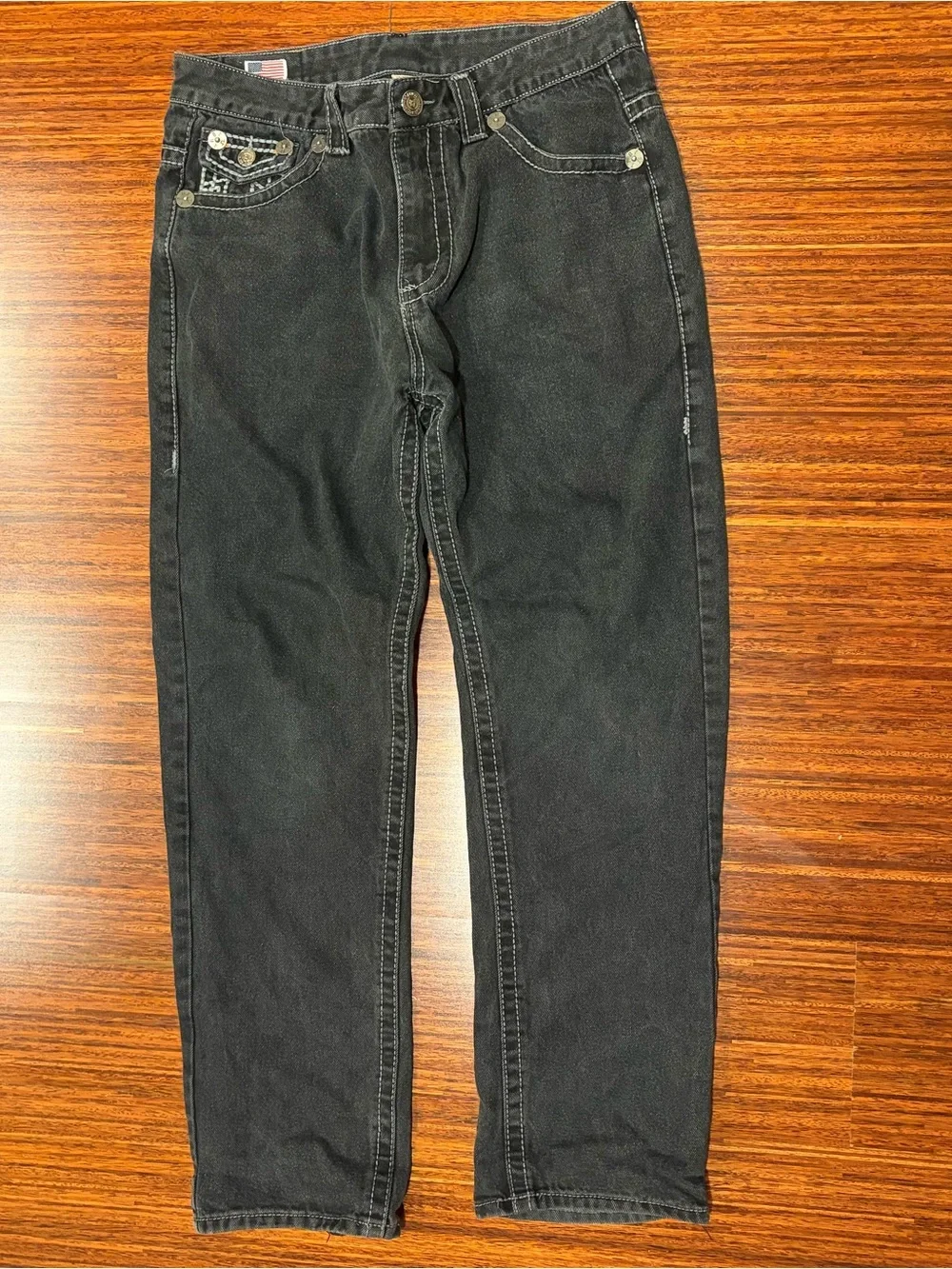 Vintage True Religion Ricky Black Big T Denim Jeans Mens Size 36x32 Flap Pocket